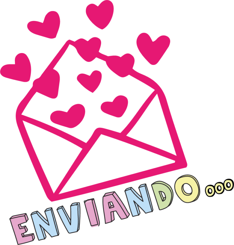 sticker que diz "enviando" com letras coloridas e corações saindo de um envelope