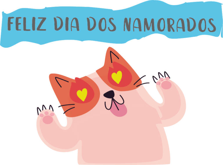sticker que diz "feliz dia dos namorados" com gato mostrando a língua e olhos de coração