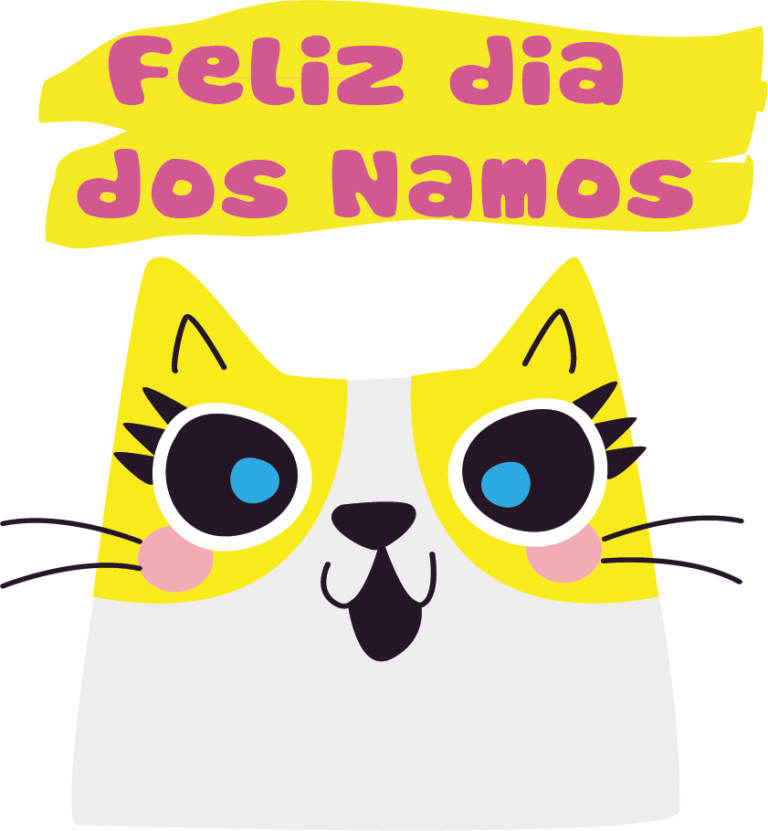 sticker que diz "feliz dia dos namôs" com gato amarelo sorrindo